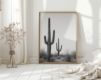 Minimalist Desert Cactus Canvas Art – Monochrome Saguaro Landscape for Modern Southwestern Wall Decor