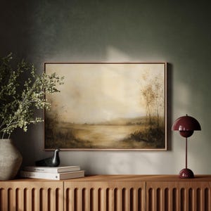 Neutral Landscape Canvas Art | Minimalist Rustic Field Painting with Trees and Hills | Vintage Farmhouse Wall Decor in Earth Tones