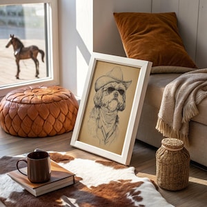 May include: A framed black and white sketch of a dog wearing a cowboy hat and sunglasses. The artwork is in a white frame, leaning against a wall. The room has a rustic theme, with a brown leather ottoman and a cowhide rug.