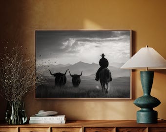Cowboy Cattle Drive | Black and White Western Wall Art