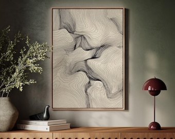 Topographic Line Abstract Art | Minimal Black Ink Contour Canvas