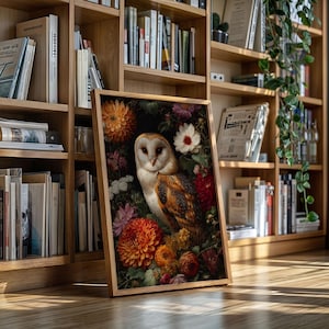 Barn Owl with Flowers | Gothic Nature Wall Art in Vintage Botanical Style