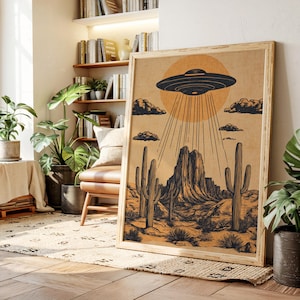 UFO Desert Wall Art, Vintage Alien Spaceship Poster, Western Sci-Fi Canvas Print, Surreal Cactus Landscape, Retro Abduction Decor