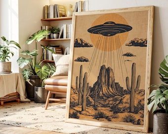 Arte mural de OVNI en el desierto, póster vintage de nave espacial extraterrestre, impresión en lienzo de ciencia ficción del oeste, paisaje surrealista de cactus, decoración retro de abducción