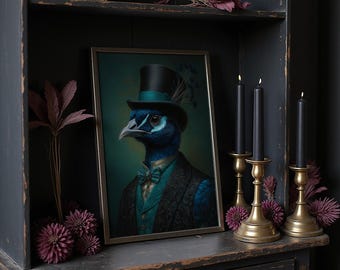 May include: A framed portrait of a peacock in formal attire, including a top hat and vest, is displayed on a dark wooden shelf. The peacock is depicted with blue and teal feathers. Three black candles in gold candle holders are also on the shelf.
