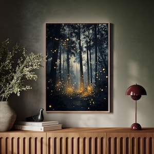 Magical Firefly Forest Canvas | Glowing Light in Dark Trees Wall Art | Mystical Nature Night Scene | Enchanted Landscape Poster