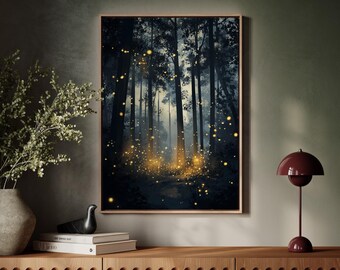 Magical Firefly Forest Canvas | Glowing Light in Dark Trees Wall Art | Mystical Nature Night Scene | Enchanted Landscape Poster