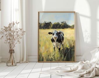 Black and White Cow Canvas Wall Art – Rustic Farm Animal Painting in Sunny Pasture for Country Kitchen or Farmhouse Wall Decor