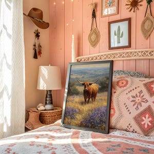 Texas Longhorn with Bluebonnets Rustic Western Wall Art