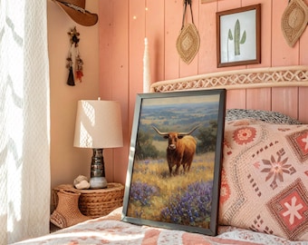 Texas Longhorn with Bluebonnets Rustic Western Wall Art