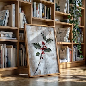 Vintage Holly Berry Canvas Wall Art – Christmas Botanical Print with Red Berries & Rustic Textured Background