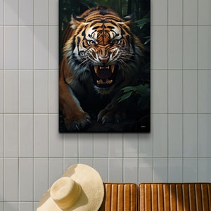 May include: A close-up of a tiger with an open mouth, showing its teeth. The tiger is in a dark green forest setting.