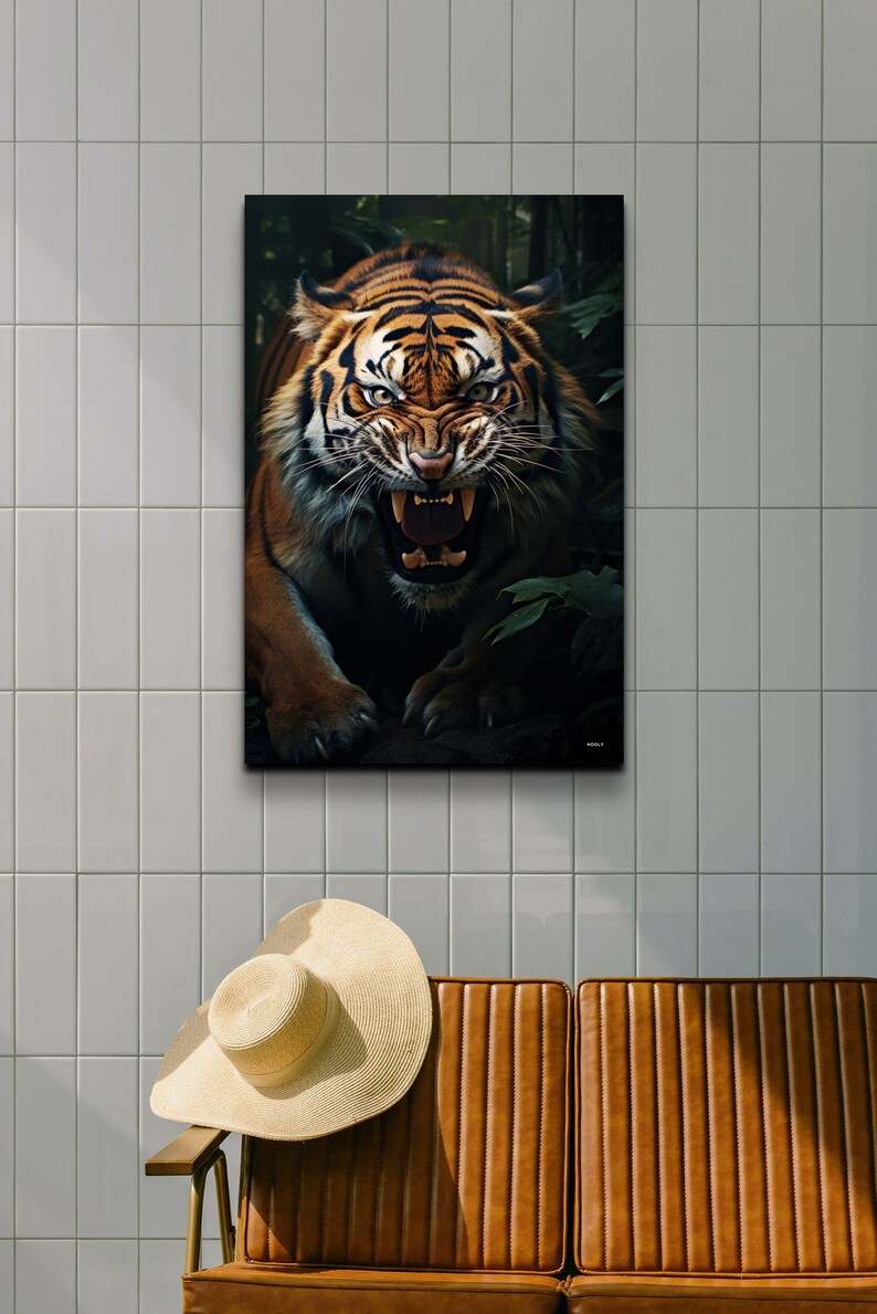 May include: A close-up of a tiger with an open mouth, showing its teeth. The tiger is in a dark green forest setting.