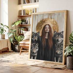 Mystic Woman With Wolves Canvas Wall Art – Powerful Feminine Portrait With Golden Halo & Wolves, Spiritual Boho Decor For Bold Interiors