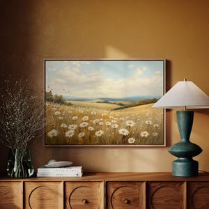 Golden Meadow Daisy Field – Serene Summer Landscape Painting with Rolling Hills, Blue Sky, and Wildflowers for Nature-Inspired Home Décor