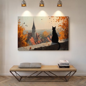Black Cat in Autumn Village | Cozy Fall Wall Art with Church Steeple and Birds