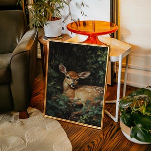 Arte de parede em tela de cervo na floresta – Pintura de filhote de cervo, Impressão de berçário de animais da floresta, Decoração rústica de casa com vida selvagem e natureza