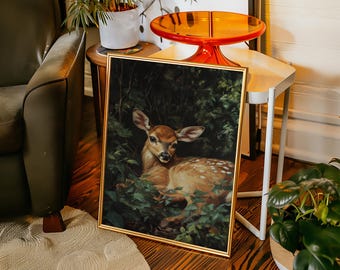 Lienzo decorativo de cervatillo en el bosque: cuadro de cervatillo, lámina infantil de animales del bosque, decoración rústica para el hogar.