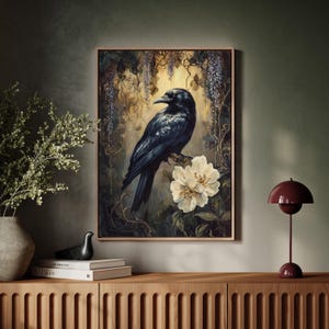 Raven Wall Art - Gothic Crow Canvas - Dark Academia Decor - Vintage Raven Painting - Mystical Bird Art - Witchy Aesthetic Print