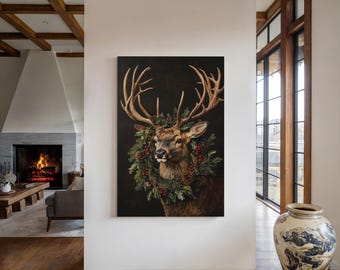 Rendierkrans kerst boerderij mantel canvas klaar om op te hangen canvas muurkunst print, boerderij kerst canvas muur kunst decor, kerst