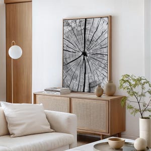 May include: A black and white canvas print of a tree trunk cross section with visible rings. The print is hanging on a white wall above a wooden cabinet with woven rattan doors. There are two small ceramic vases and a potted plant on the cabinet.