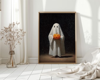 カボチャを持ったかわいいハロウィンゴースト – ヴィンテージ油絵キャンバスウォールアート。不気味な秋の装飾、ゴシックな子供部屋、季節のディスプレイに最適です。