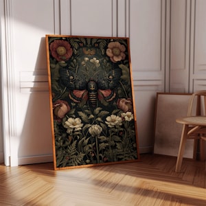 Death’s-Head Moth and Botanical Floral Art Print, Gothic Insect Wall Decor, Dark Vintage Nature Illustration, Witchcore Moth Artwork