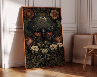 Ćma trupia głowa i botaniczny kwiatowy wydruk artystyczny, gotycka dekoracja ścienna z owadami, mroczna ilustracja natury w stylu vintage, grafika z ćmą w stylu Witchcore