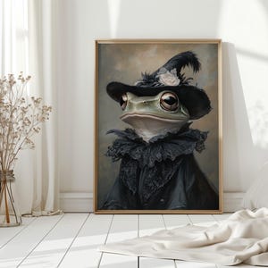 Elegant Frog in Victorian Black Lace Dress and Hat – Whimsical Anthropomorphic Portrait Wall Art for Frog Lovers, Dark Cottagecore Decor