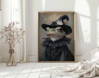 Elegant Frog in Victorian Black Lace Dress and Hat – Whimsical Anthropomorphic Portrait Wall Art for Frog Lovers, Dark Cottagecore Decor