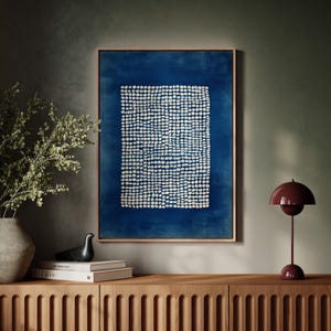 Abstrakte Wandkunst Indigo | Minimalistisches Punktemuster in Blau und Weiß