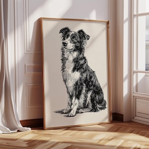 Border Collie Ink Art – Black and White Dog Wall Print, Sitting Collie Sketch Poster, Farmhouse Pet Line Drawing for Dog Lovers