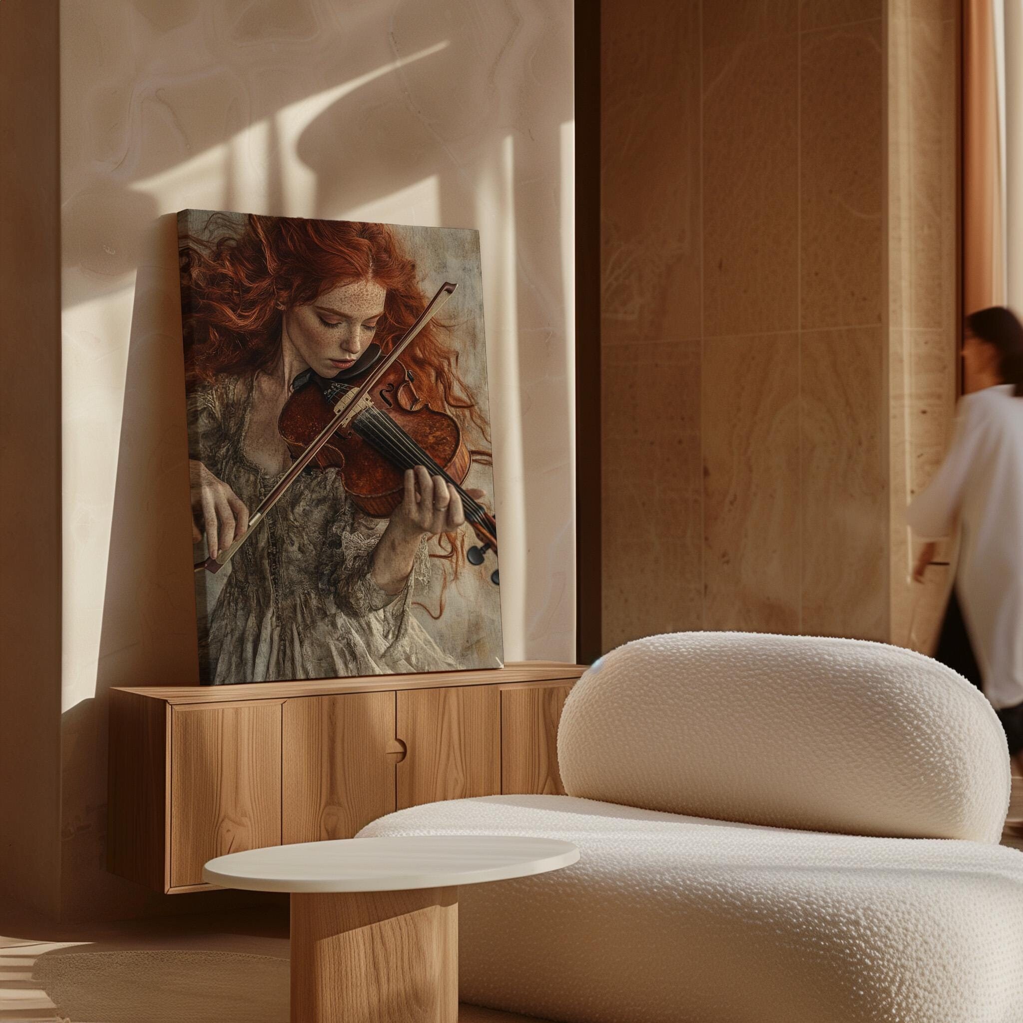 Graceful Red-Haired Violinist Canvas Art - Vintage-Inspired Musician Portrait with Emotional Depth for Elegant Wall Decor