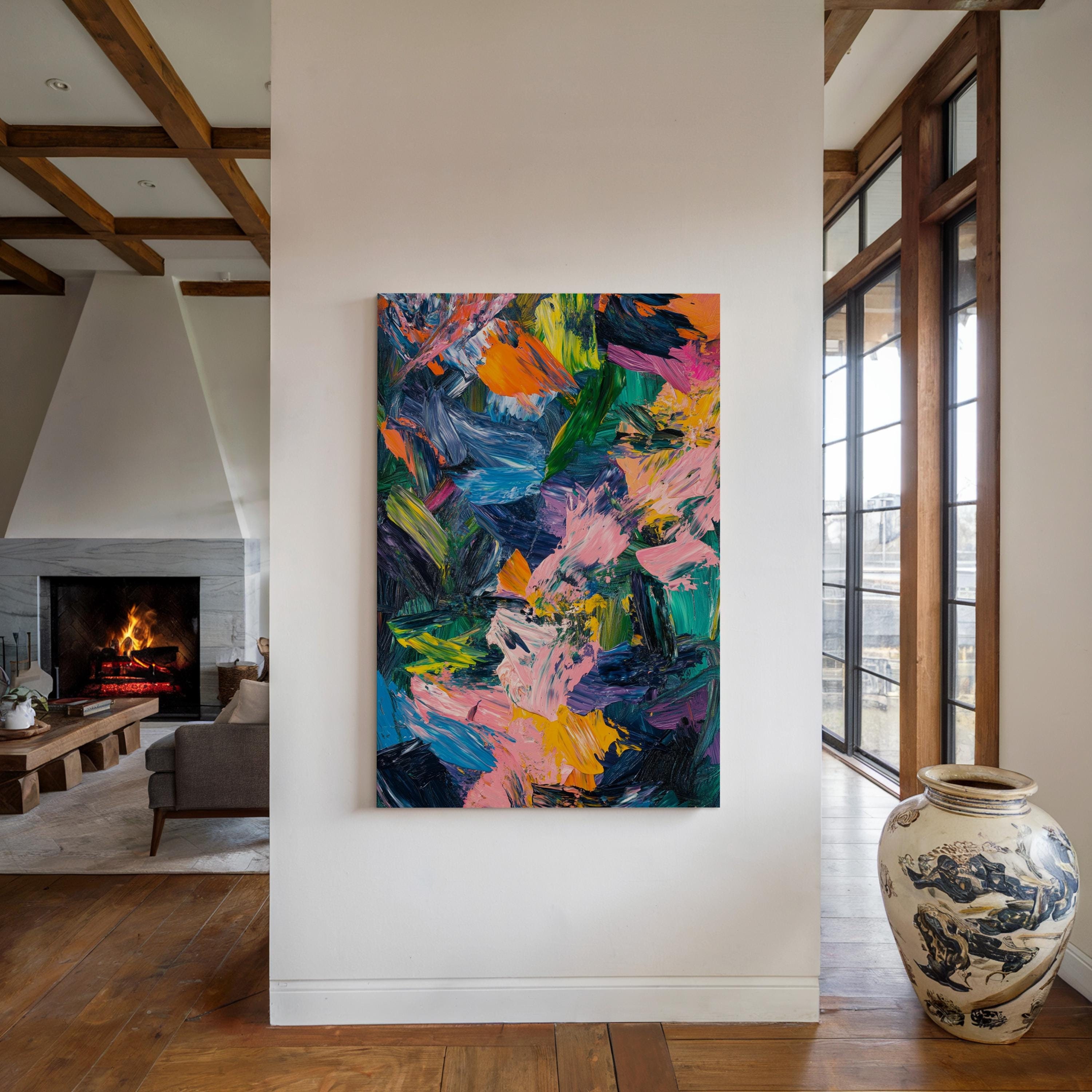 Vivid Abstract Expressionism Canvas - Multicolor Palette Knife Painting with Bold Brush Strokes for Modern Wall Art Decor