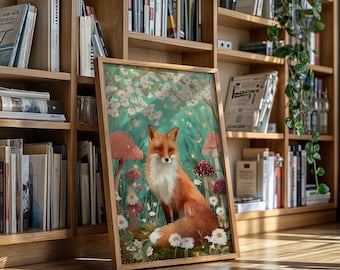 Nyckfull räv på canvas, förtrollad skogsdjursmålning med svampar och blommor, skogsfantasi-naturdekor för hemmet