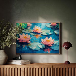 Blissful Impressionist Lotus Pond Canvas - Pink Water Lilies on Vibrant Blue Reflections, Serene Nature Wall Art for Home Decor
