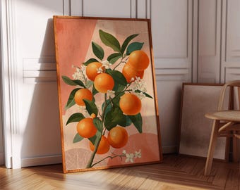 Orange Tree Canvas Wall Art with Blossoms, Modern Botanical Citrus Print, Vibrant Fruit Illustration for Kitchen or Dining Room Décor
