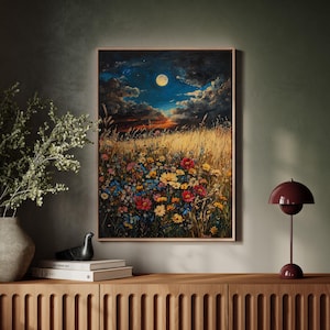 Enchanting Moonlit Wildflower Field - Vibrant Night Sky Canvas Wall Art - Romantic Nature Landscape for Home or Office Decor
