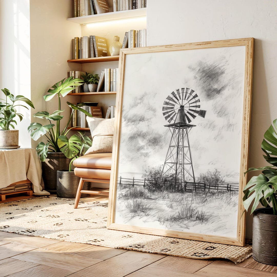 Vintage Windmill Sketch Art, Black and White Farm Windmill Wall Decor ...