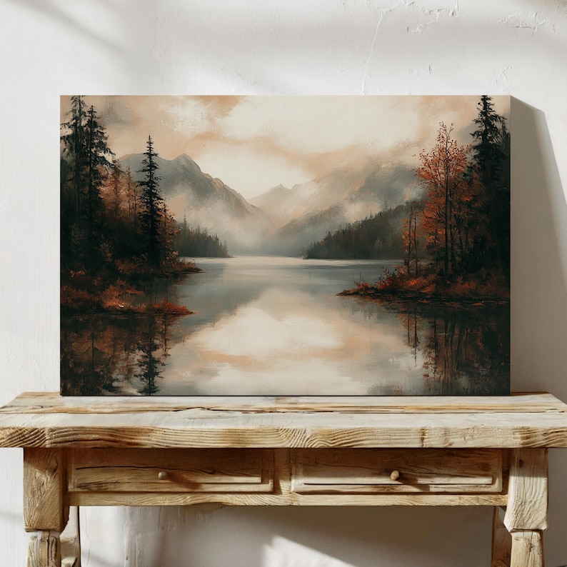 Moody Mountain Lake Canvas Wall Art | Autumn Forest Reflections Print ...