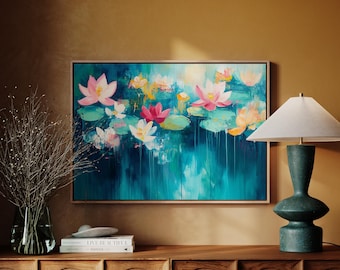 Colorful Lotus Flower Canvas Wall Art, Abstract Water Lily Painting, Modern Floral Artwork for Living Room, Bedroom, or Office