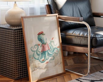 May include: A framed art print featuring a whimsical illustration of a blue octopus wearing a red and white striped shirt and a red cap. The octopus is surrounded by small orange fish, creating a nautical theme. The artwork is displayed in a wooden frame.
