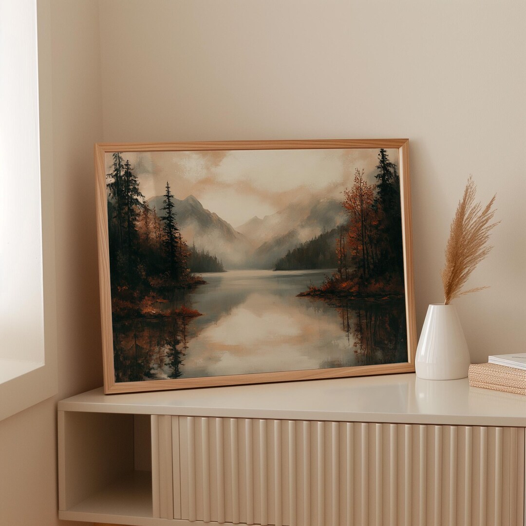 Moody Mountain Lake Canvas Wall Art | Autumn Forest Reflections Print ...