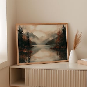 Moody Mountain Lake Canvas Wall Art | Autumn Forest Reflections Print | Rustic Misty Landscape Painting for Cozy Cabin Decor