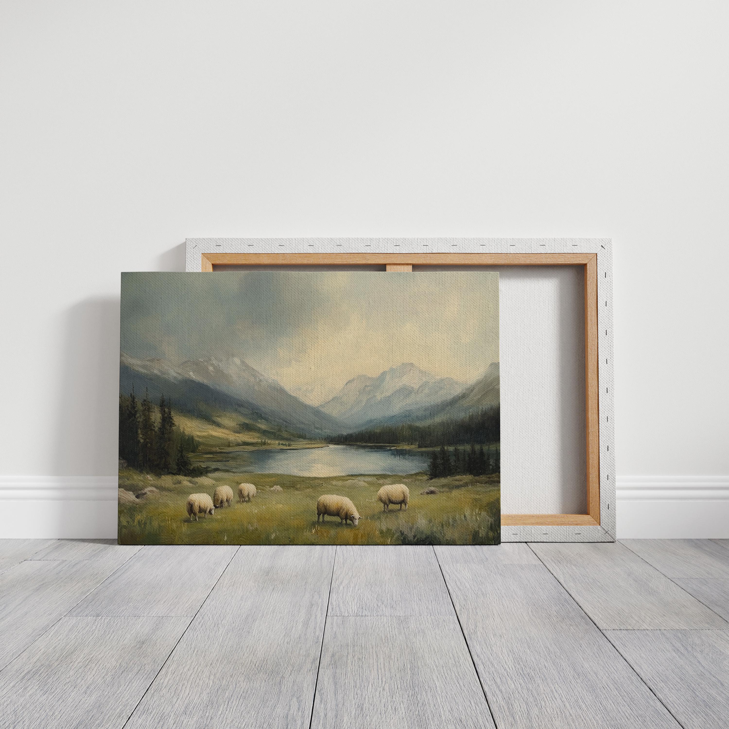 Serene Sheep in Mountain Meadow - Peaceful Landscape Canvas Wall Art ...