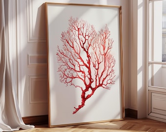 Abstrakte rote Koralle Aquarellkunst, Rote Meereskorallenmalerei, Naturinspiriertes Küstendekor, Korallenkunstwerk, minimalistischer Korallendruck