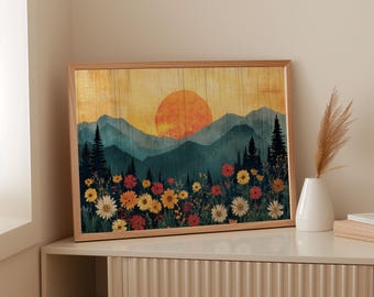Rustic Sunset Mountain Wildflower Canvas Wall Art, Colorful Daisies And Nature Landscape Print, Vintage Wood Look Cabin Home Decor