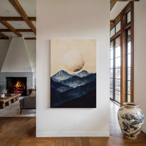 Minimalist Blue Mountain Wall Art - Full Moon Landscape Canvas - Serene Nature Print for Modern Home Decor