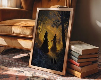 Witch Lantern Walk Canvas Art, Enchanted Forest Witches Painting, Halloween Witch Decor, Spooky Autumn Wall Art, Magical Night Print