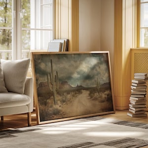 Desert Road with Cactus Canvas Wall Art - Rustic Southwest Landscape Oil Painting, Western Nature Decor for Living Room